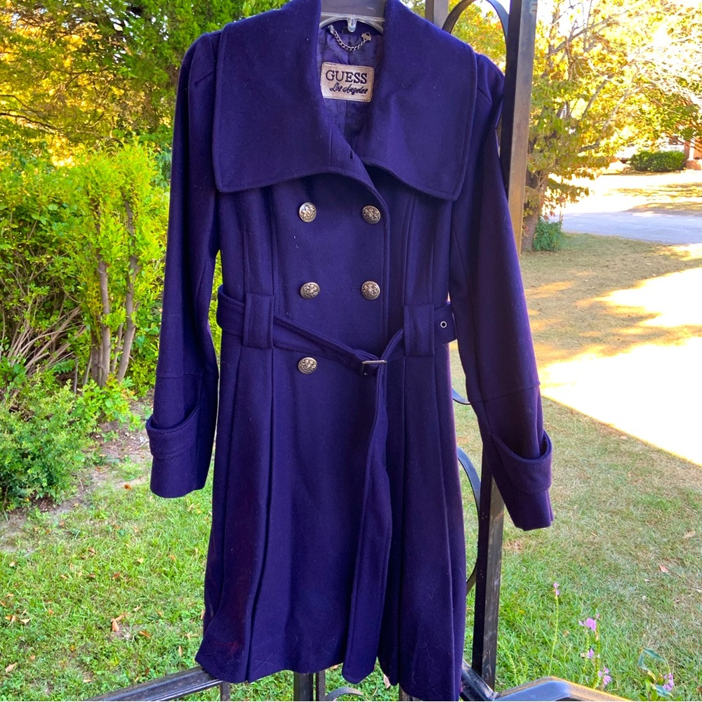 Vintage Guess Indigo Purple Military Double-Breasted Belted Long Trench Coat